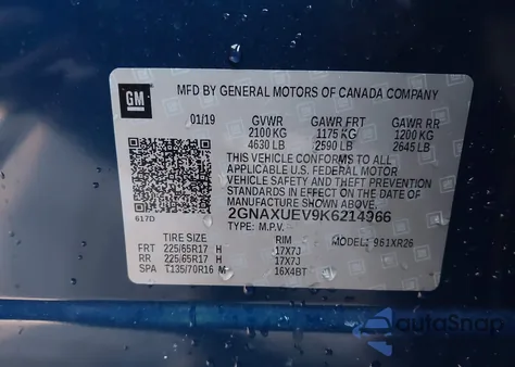2019 Chevrolet Equinox Lt z USA, uszkodzony, nr VIN 2GNAXUEV9K6214966